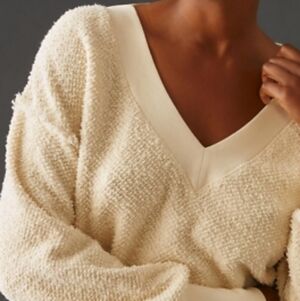 Anthropologie Cream Textured V-Neck Sweater